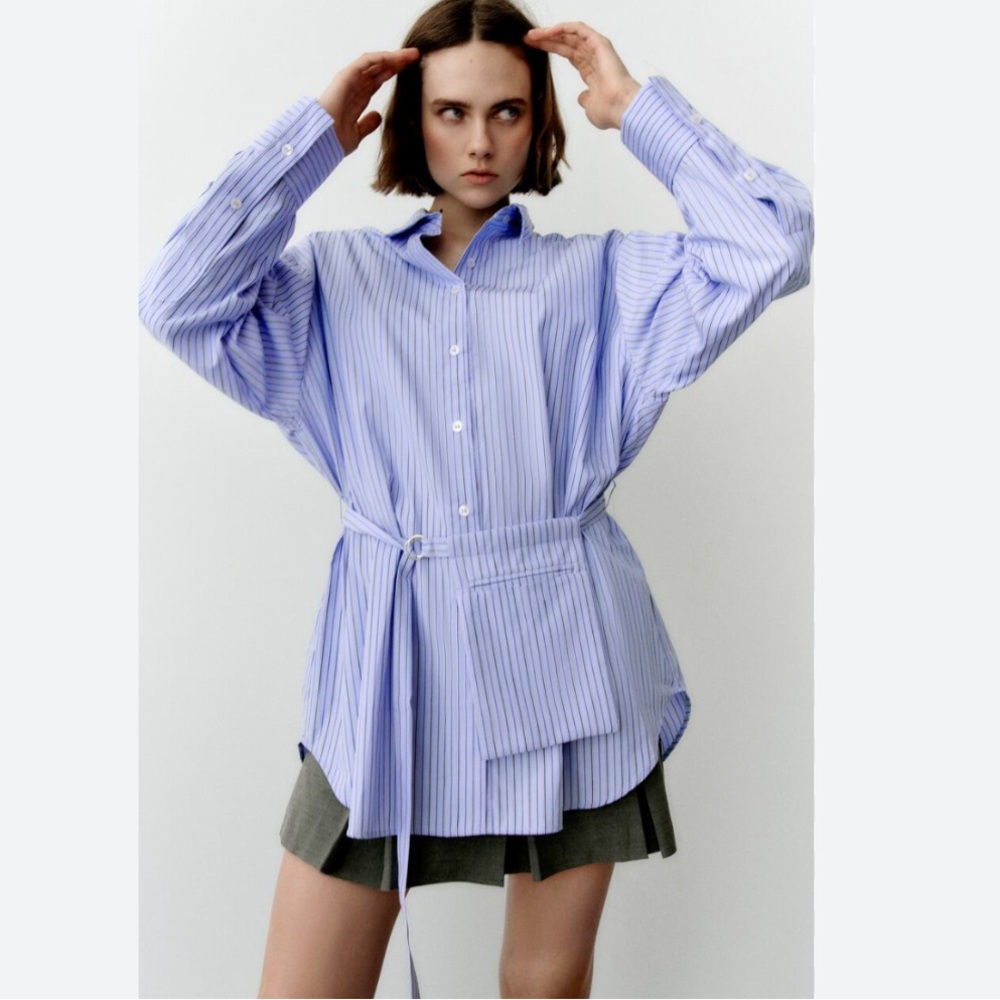 NWOT ZARA BELT POCKET STRIPPED SHIRT